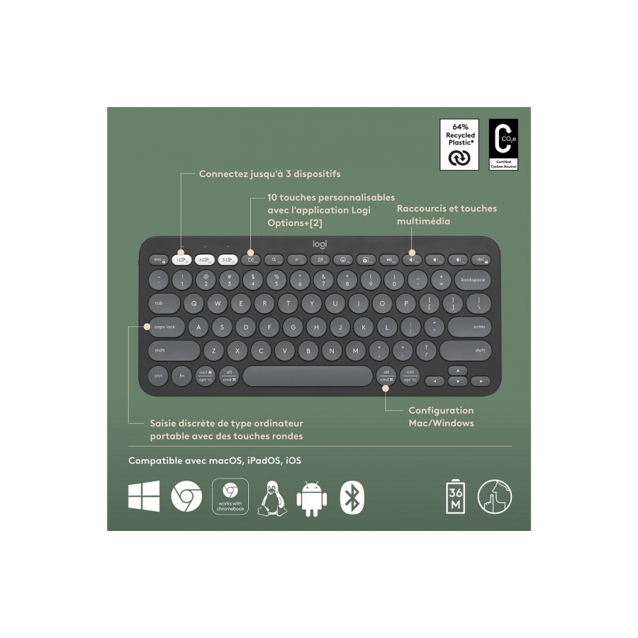 Logitech Pebble Keys 2 K380s clavier sans fil Bluetooth multidispositif - Graphite n°6